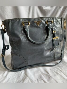 PRADA Large Vitelli Shine 2-Way Tote Blue-Gray